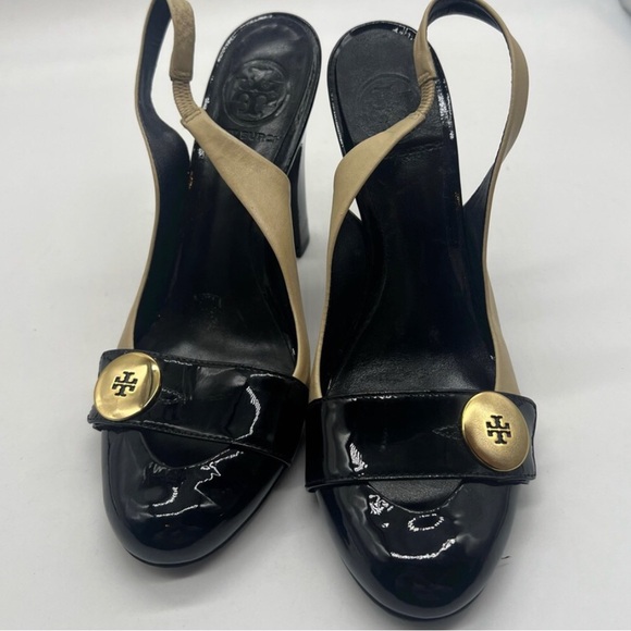 Leather Colorblock Pattern Slingback Pumps - Picture 2 of 5